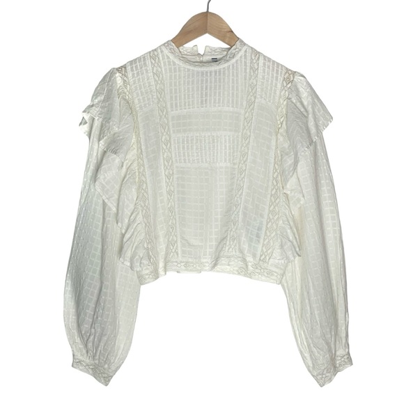 Zara | Women | Ivory Lace Insert Bishop Sleeve Ruffle Top | Size Extra Small - Picture 2 of 10